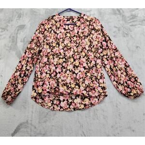 T Tahari Top Womens S Black Pink Floral Wrap High Low Hem Flowy Blouse Office